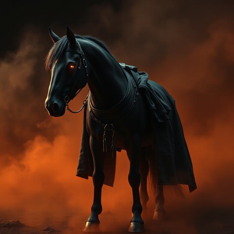Cloaked black horse in orange smoke